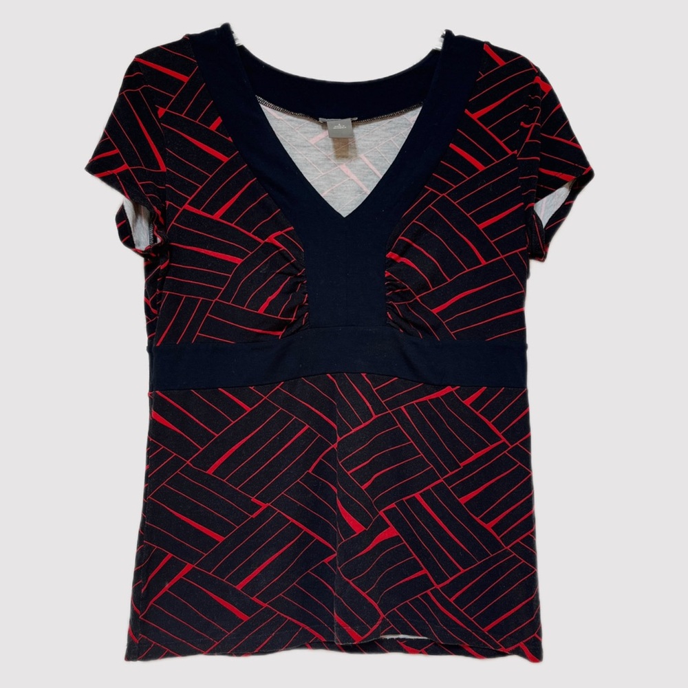 Ann Taylor Red & Black Geometric Cap Sleeve Tee – Size S